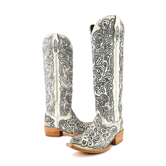 Women’s Hand-Tooled White Tall Cowboy Boots
