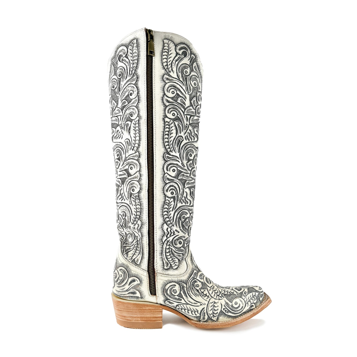 Women’s Hand-Tooled White Tall Cowboy Boots (Presale)