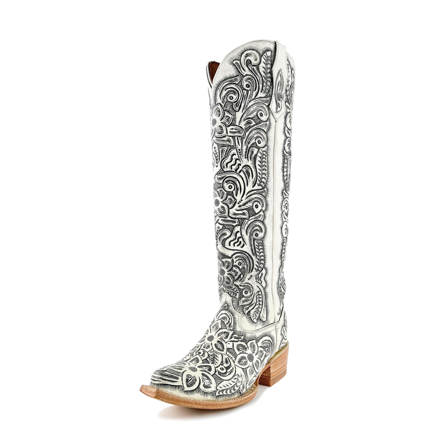 Women’s Hand-Tooled White Tall Cowboy Boots (Presale)