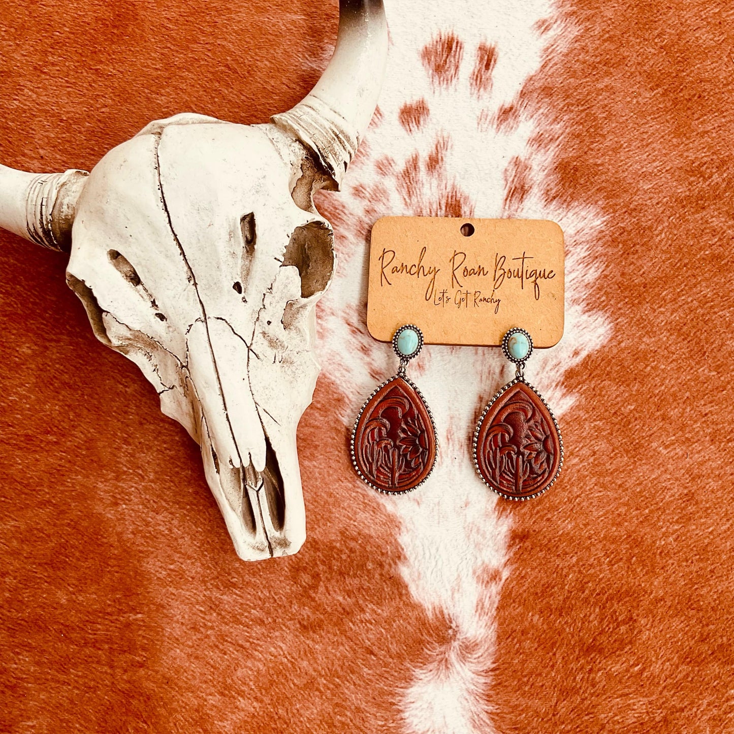 Tooled Leather and Turquoise Teardrop Earrings