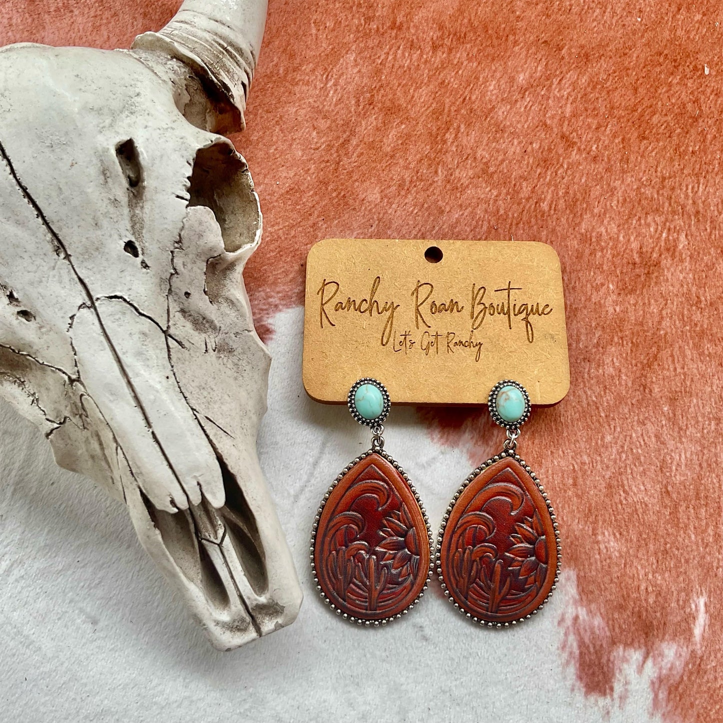 Tooled Leather and Turquoise Teardrop Earrings