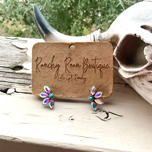 Western Iridescent Turquoise Floral Stud Earrings