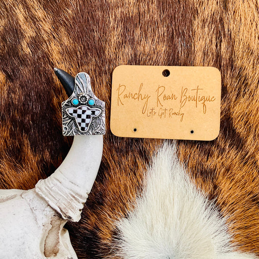 Western Checker Cow Head Cow Tag Cuff Ring