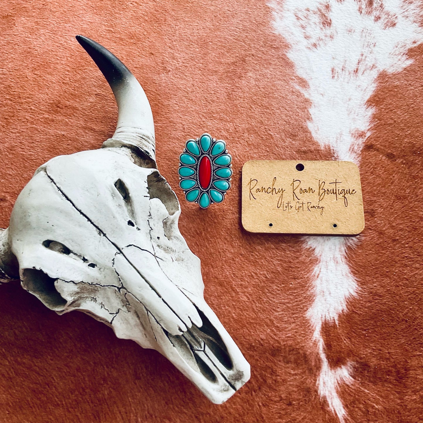 Western Design Turquoise and Red Cuff Ring