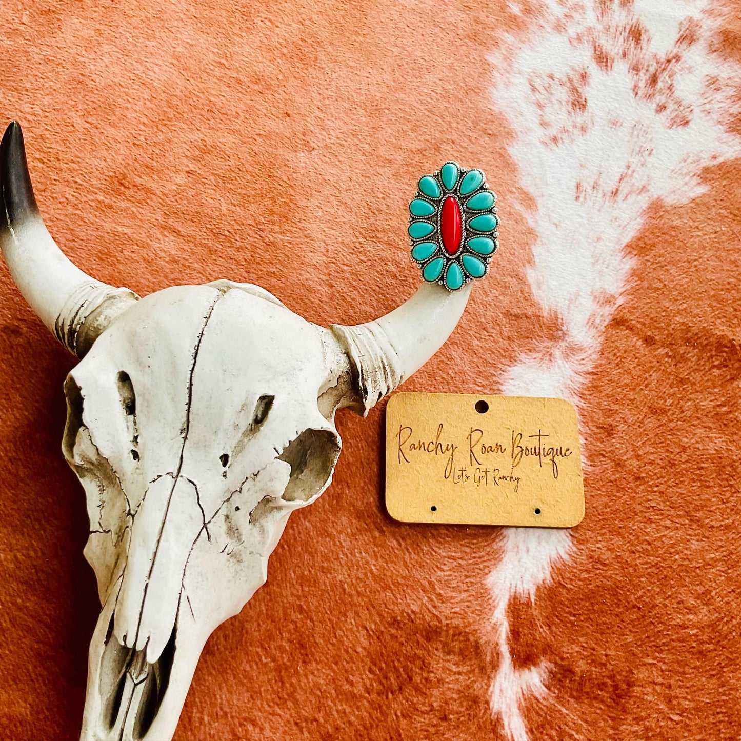 Western Design Turquoise and Red Cuff Ring