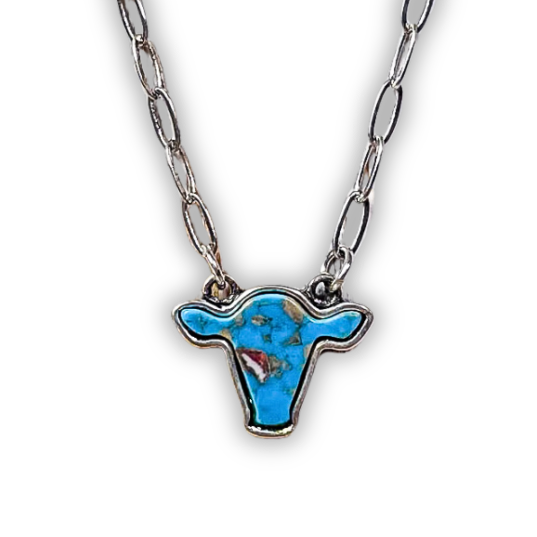 Lulu Cow Pendant Fashion Necklace - Turquoise
