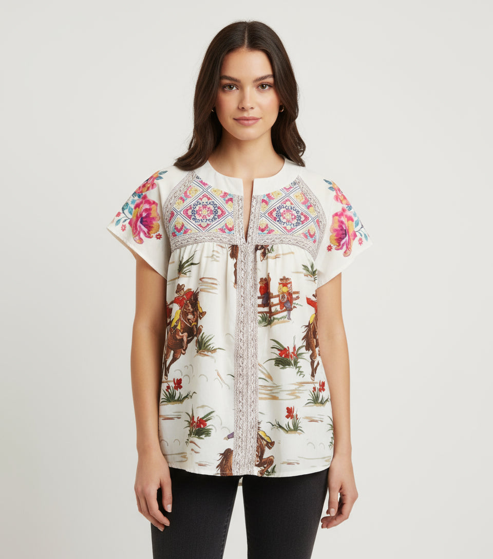 Womens Retro Cowboy Blouse, Flowers and Vintage Cowboy Shirt