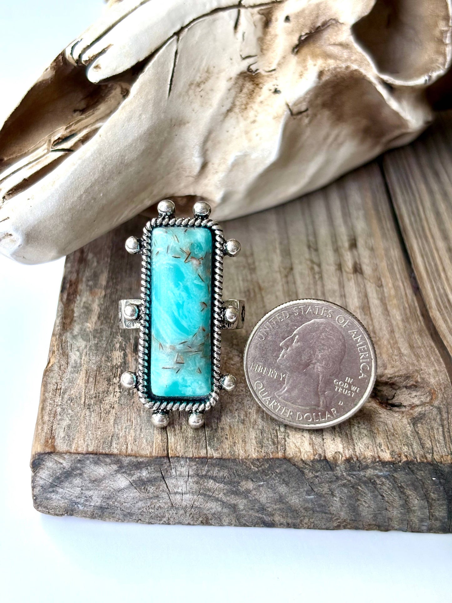 Western Rectangle Bar Concho Marble Stone Stretch Band Ring