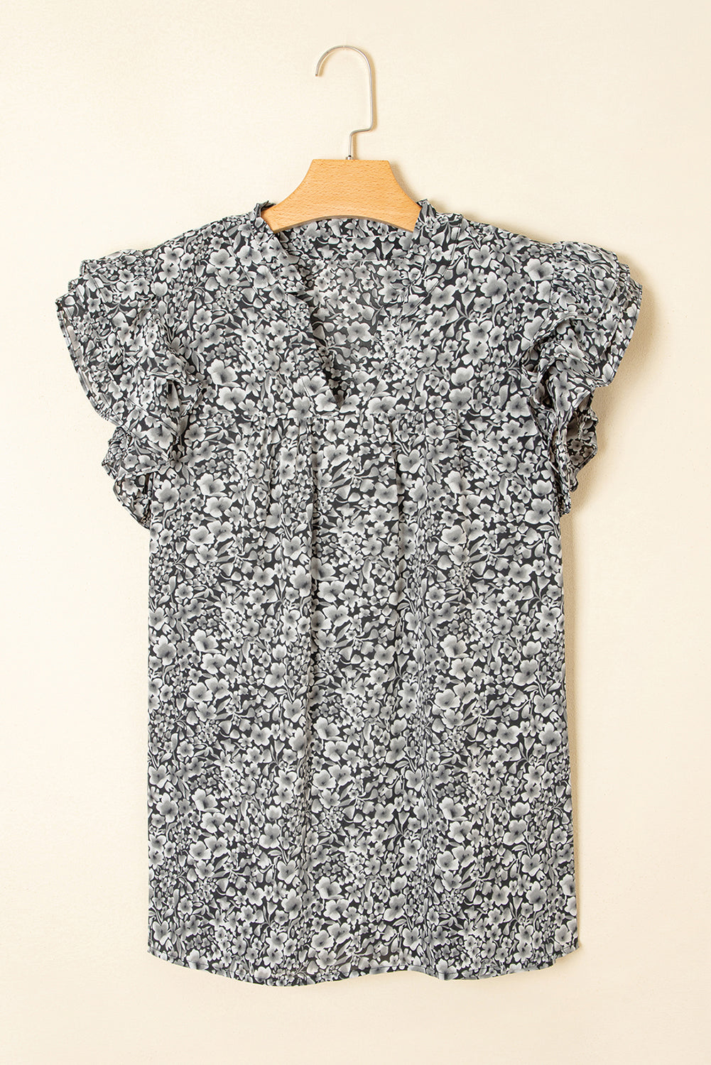 Black Rose Floral Print Ruffle Sleeve Plus Size Shift Top