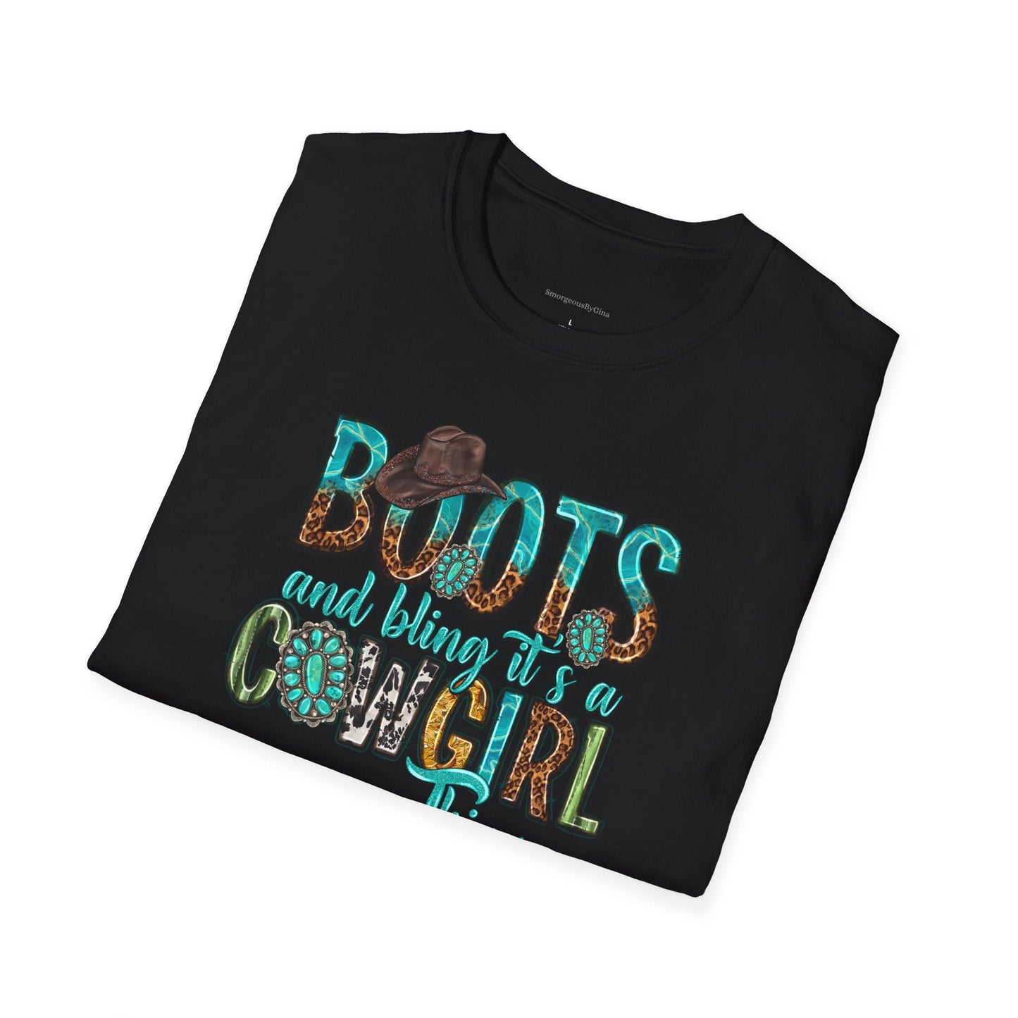 Boots and Bling, Cowgirl Shirt, Turquoise and Leopard Shirt, Rodeo Tee, Softstyle T-Shirt - SmorgeousByGina