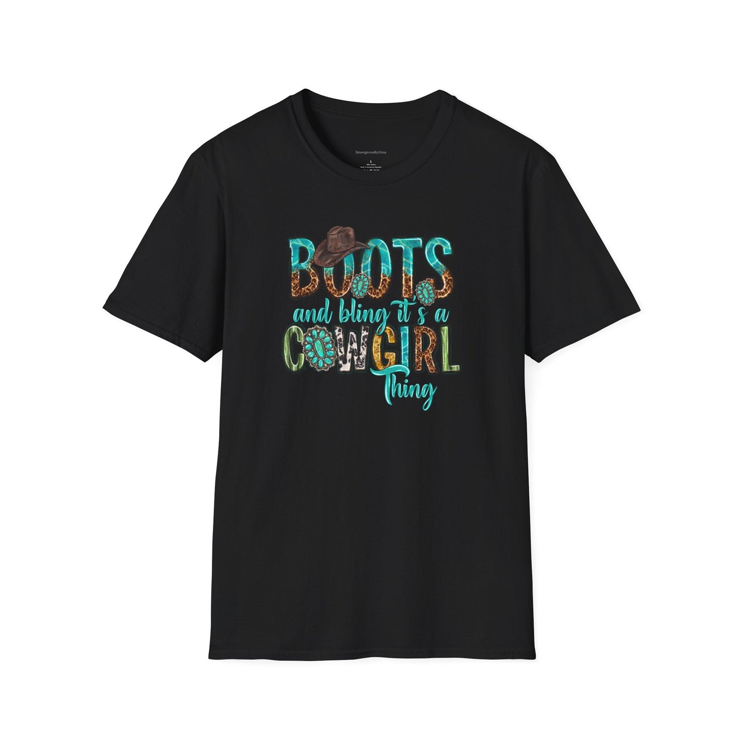 Boots and Bling, Cowgirl Shirt, Turquoise and Leopard Shirt, Rodeo Tee, Softstyle T-Shirt - SmorgeousByGina