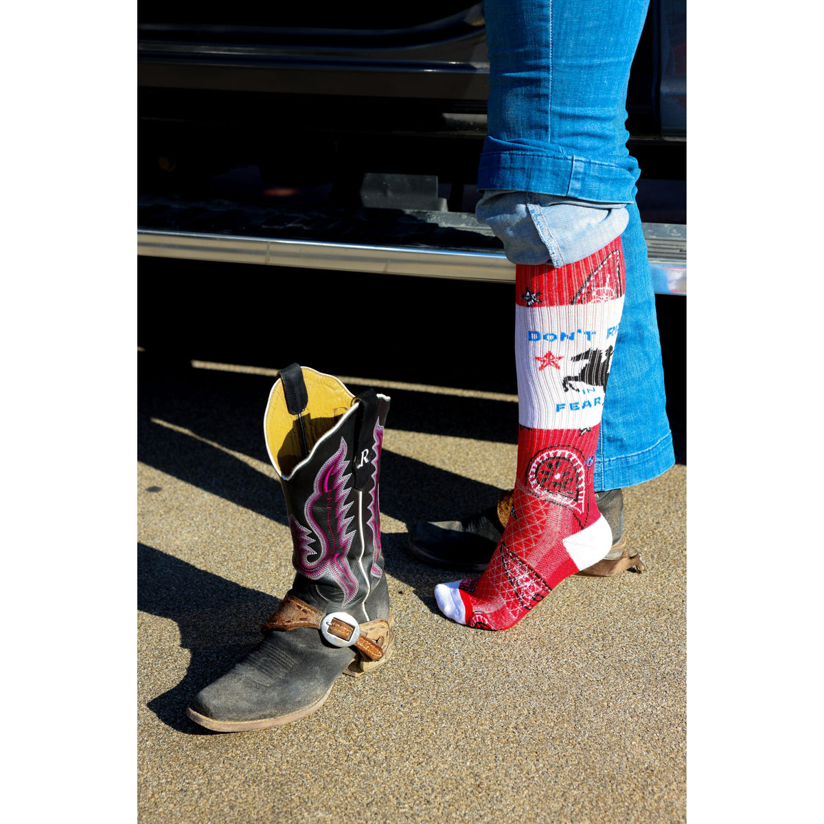 Don't Ride in Fear Red Paisley Western Cowgirl Performance Socks