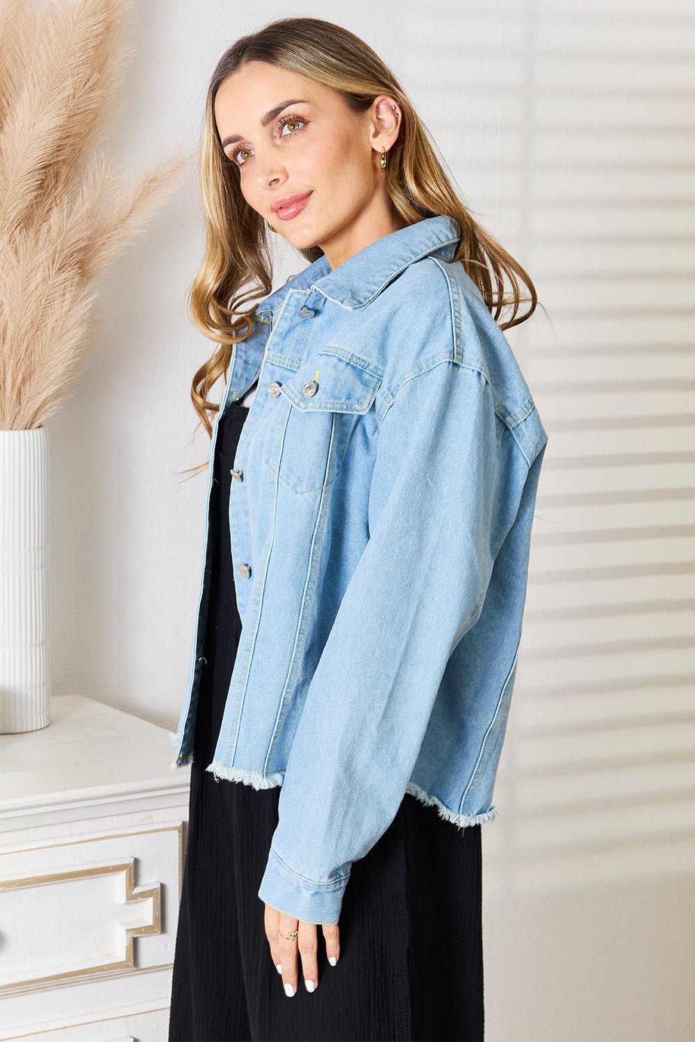 Double Take Dropped Shoulder Raw Hem Denim Jacket - SmorgeousByGina