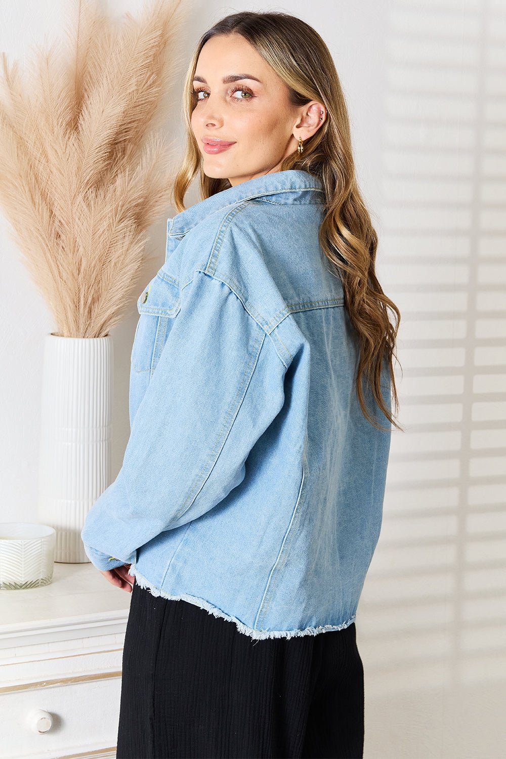 Double Take Dropped Shoulder Raw Hem Denim Jacket - SmorgeousByGina