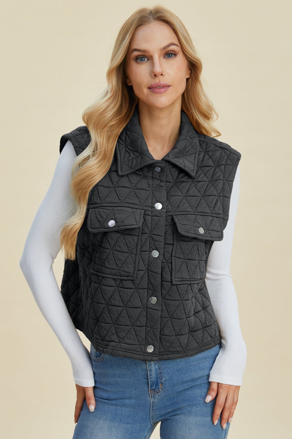 Double Take Full Size Pocketed Texture Snap Down Vest Coat - SmorgeousByGina
