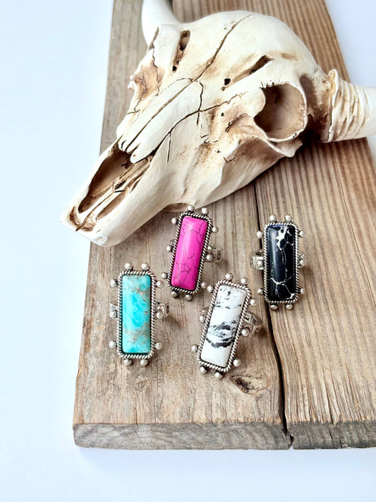 Western Rectangle Bar Concho Marble Stone Stretch Band Ring
