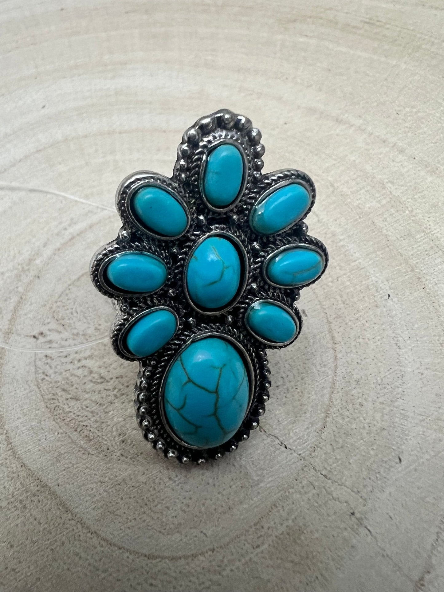 Faux Turquoise Cluster Statement Size Cuff Ring - Adjustable Sizing
