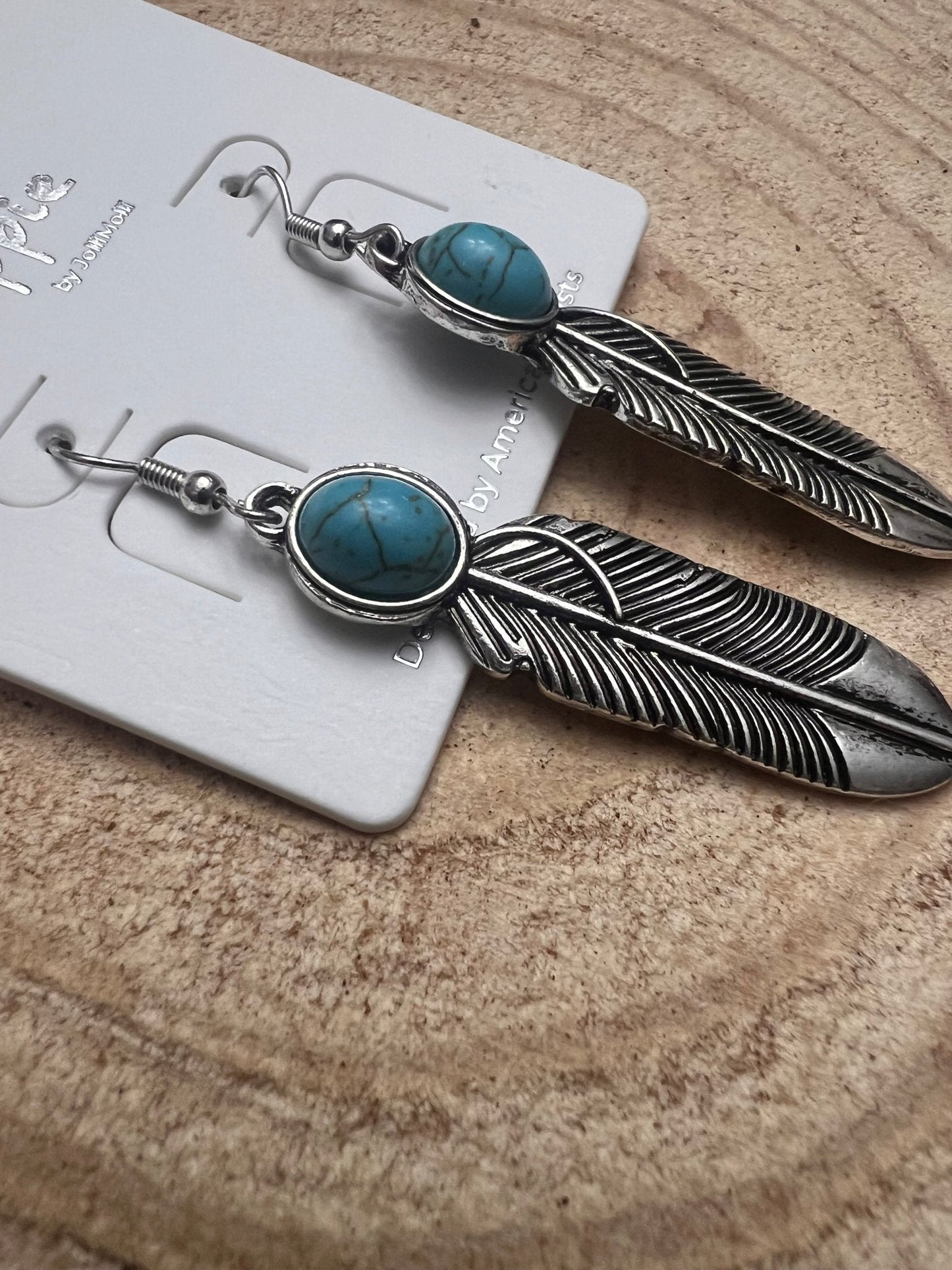 Feather Earrings with Faux Turquoise - 2 inch drop