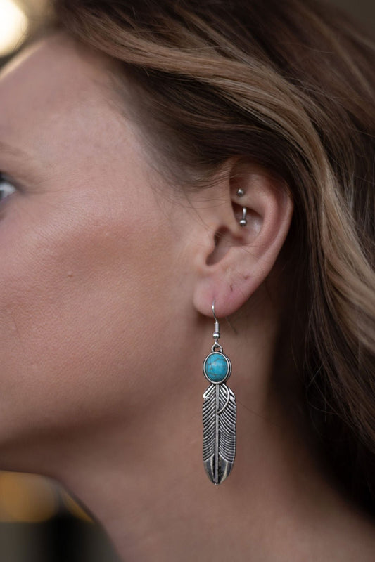 Feather Earrings with Faux Turquoise - 2 inch drop