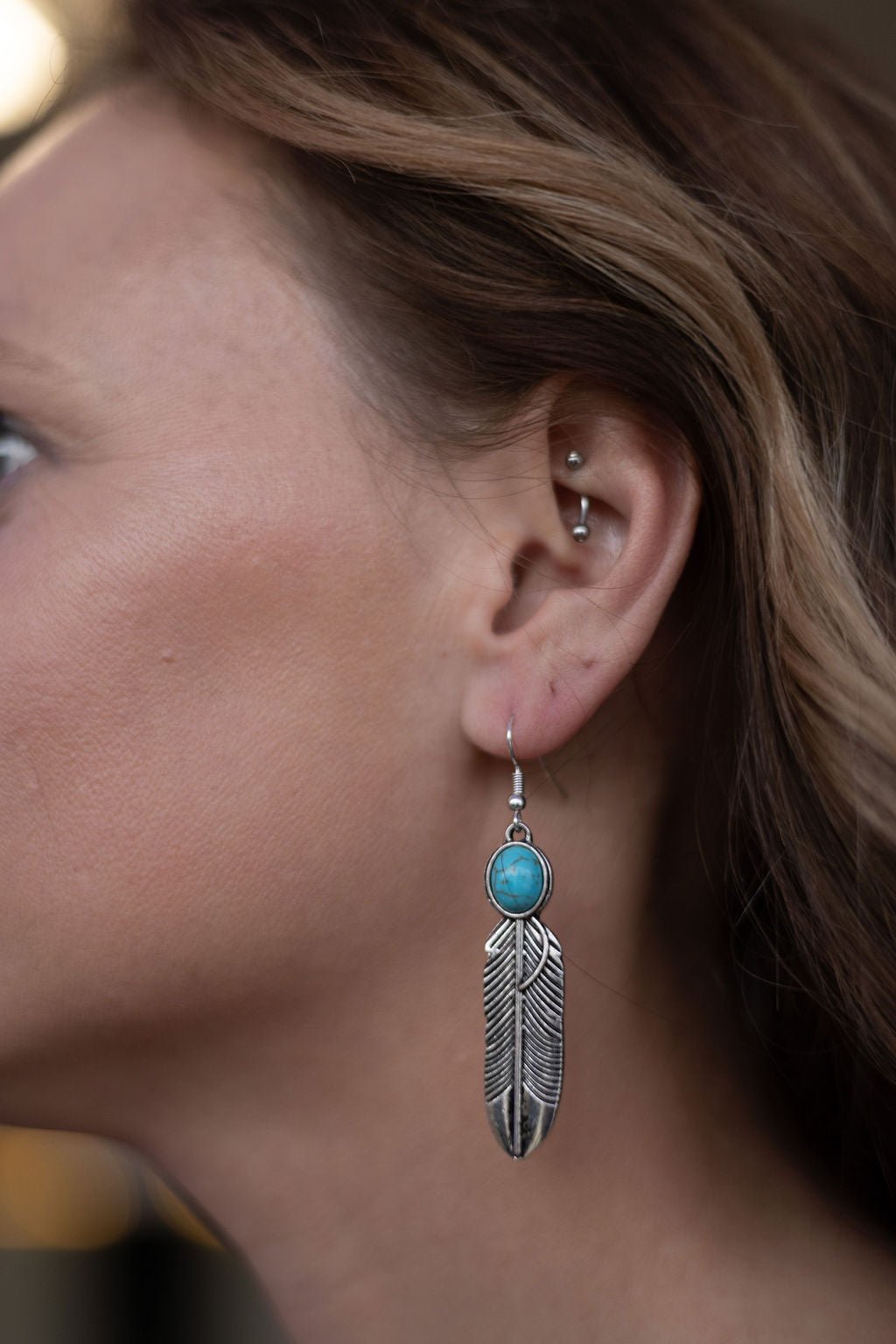 Feather Earrings with Faux Turquoise - 2 inch drop