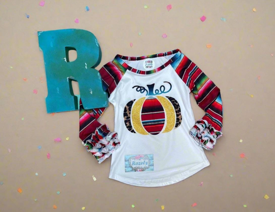 Girls Fall Pumpkin Shirt, Ruffle Sleeve Shirt