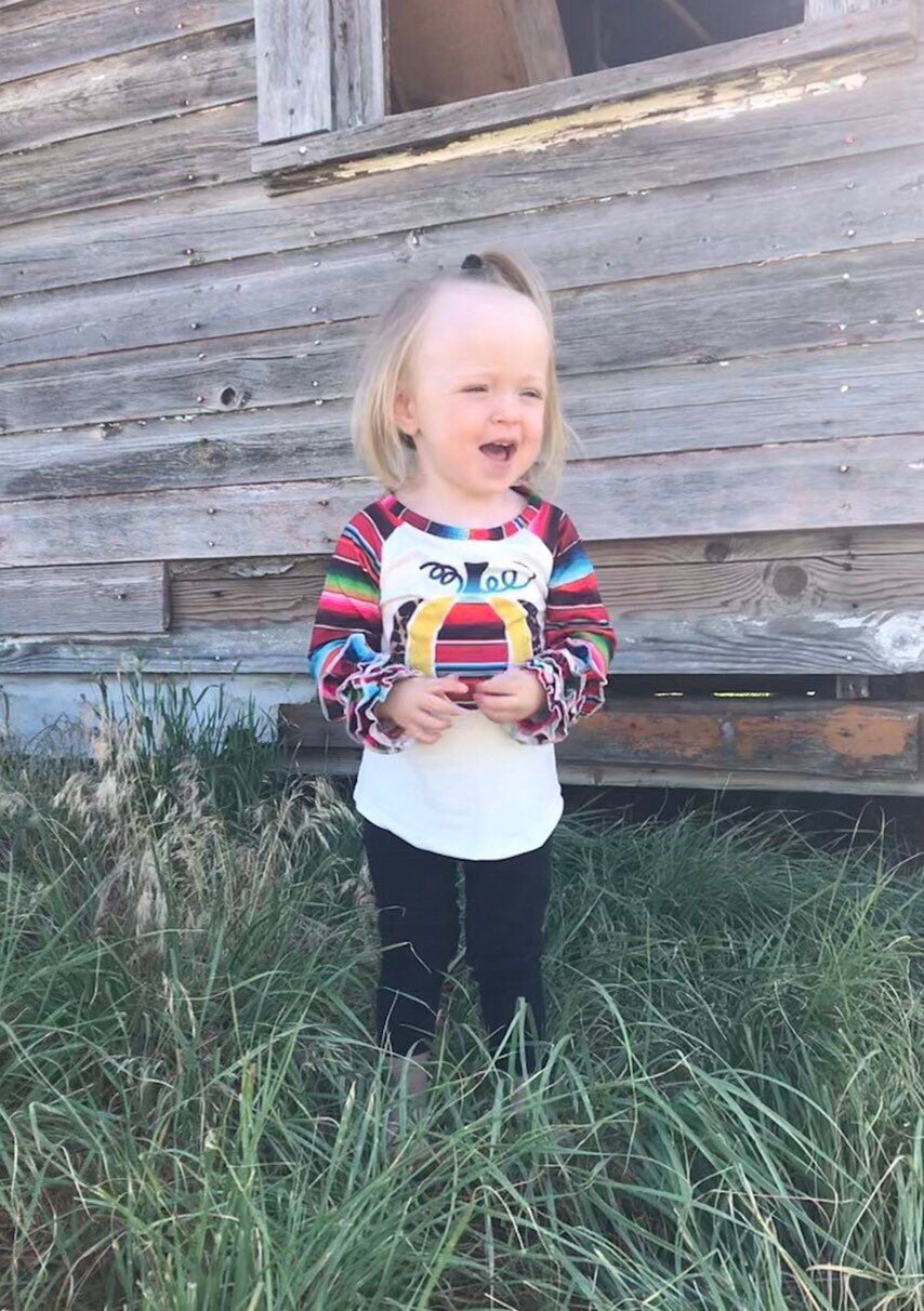 Girls Fall Pumpkin Shirt, Ruffle Sleeve Shirt
