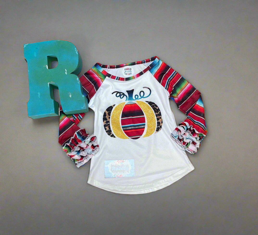 Girls Fall Pumpkin Shirt, Ruffle Sleeve Shirt