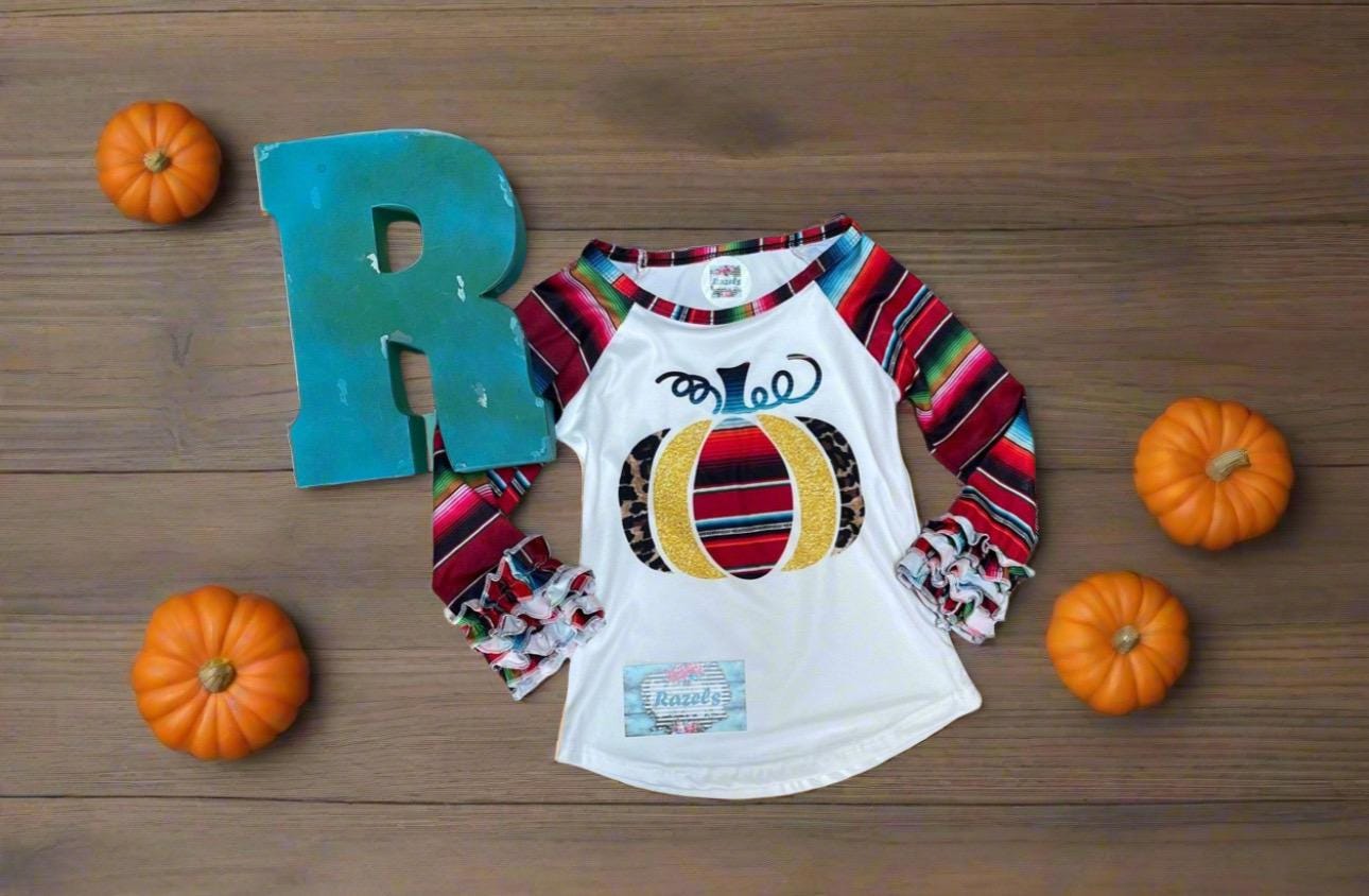 Girls Fall Pumpkin Shirt, Ruffle Sleeve Shirt
