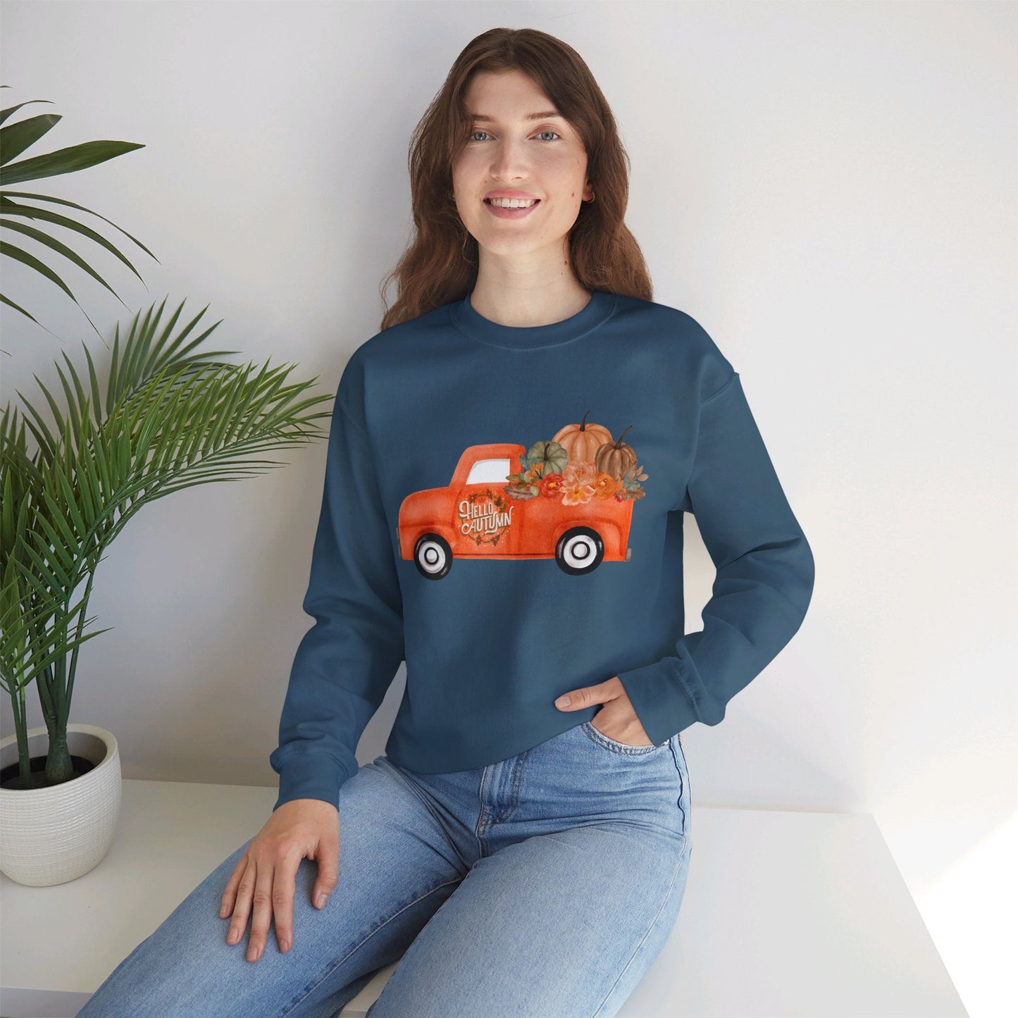 Hello Autumn Vintage Truck Fall Unisex Heavy Blend™ Crewneck Sweatshirt - SmorgeousByGina
