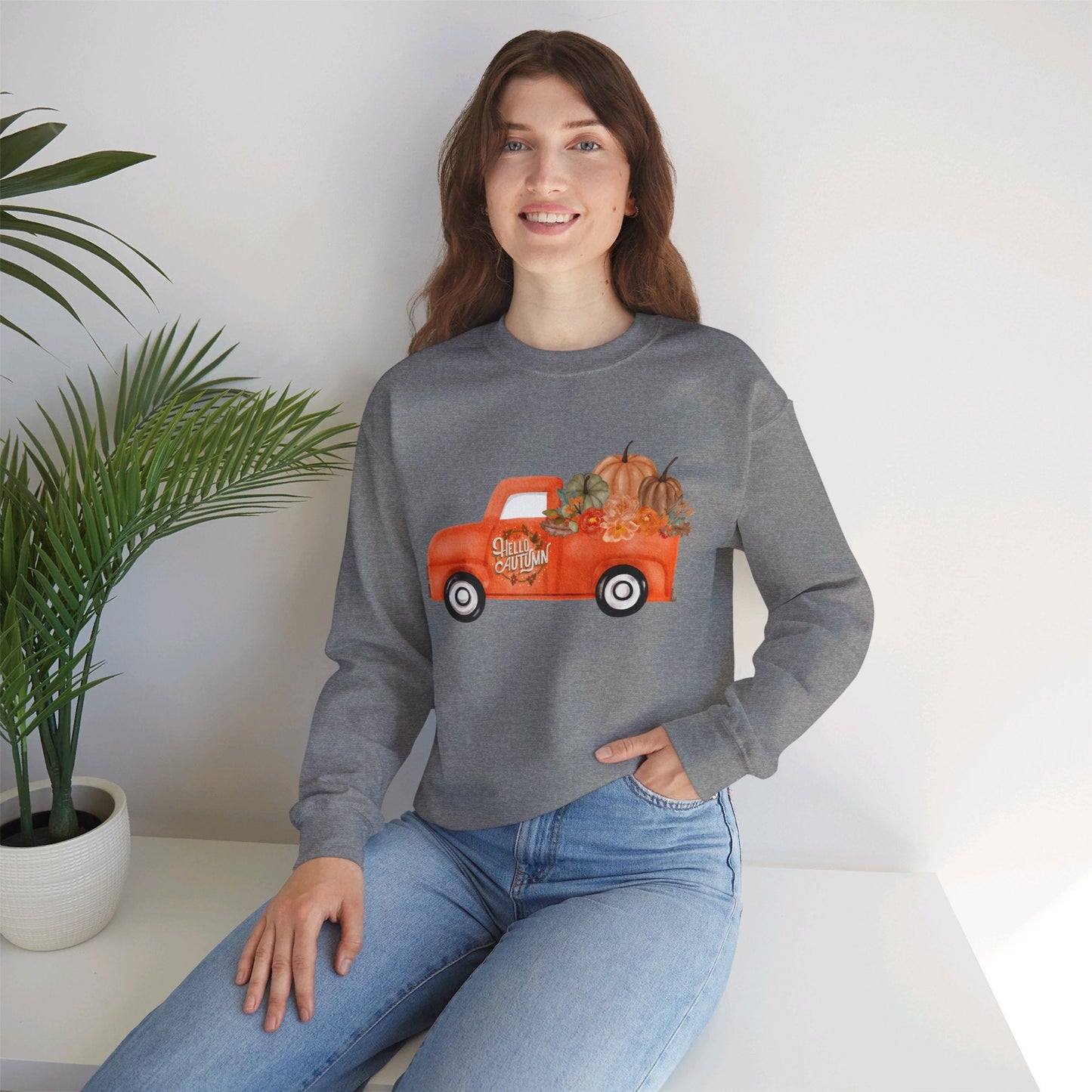 Hello Autumn Vintage Truck Fall Unisex Heavy Blend™ Crewneck Sweatshirt - SmorgeousByGina