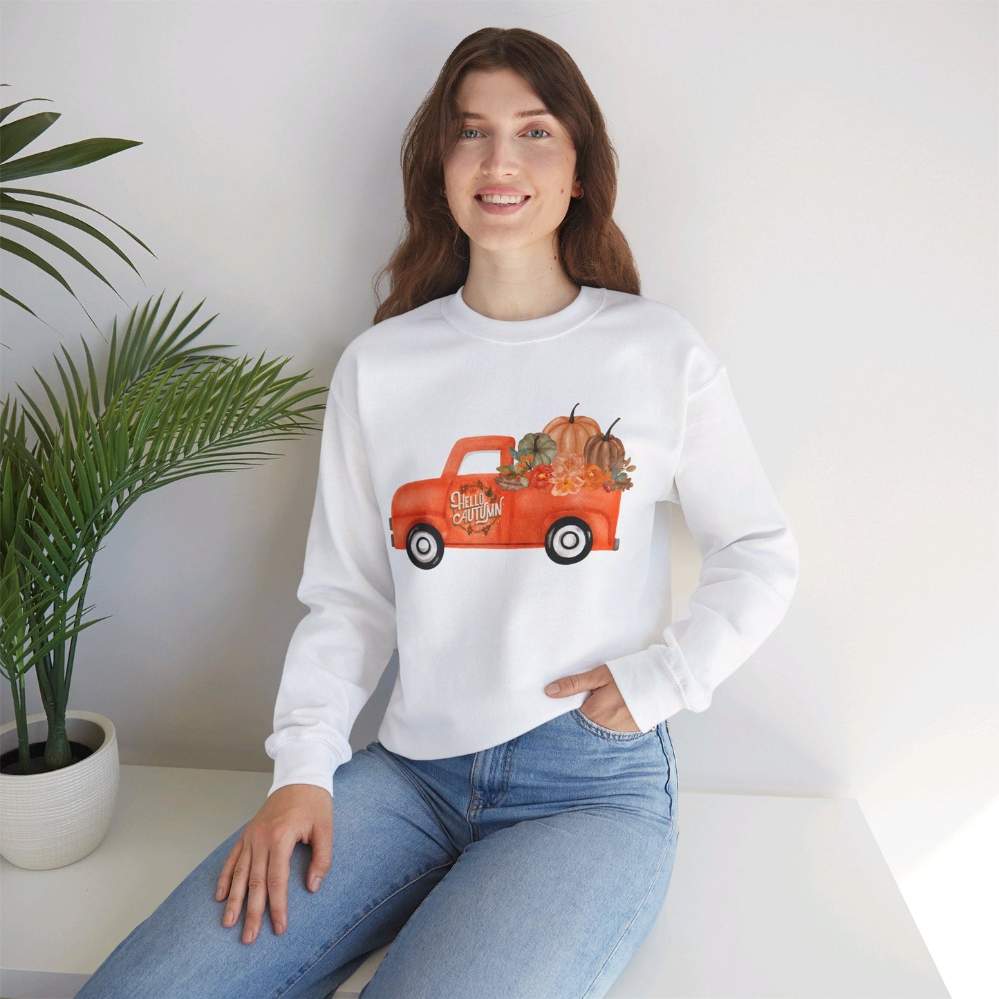 Hello Autumn Vintage Truck Fall Unisex Heavy Blend™ Crewneck Sweatshirt - SmorgeousByGina