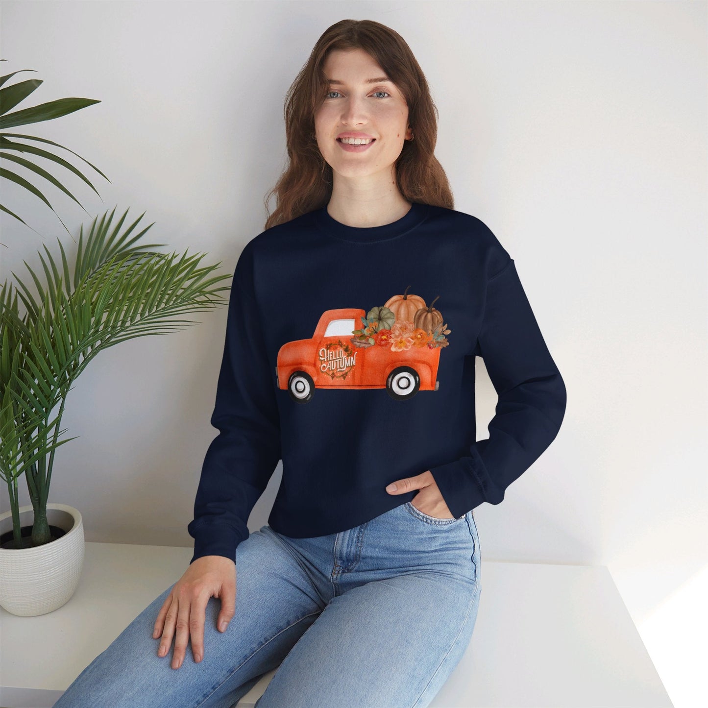 Hello Autumn Vintage Truck Fall Unisex Heavy Blend™ Crewneck Sweatshirt - SmorgeousByGina