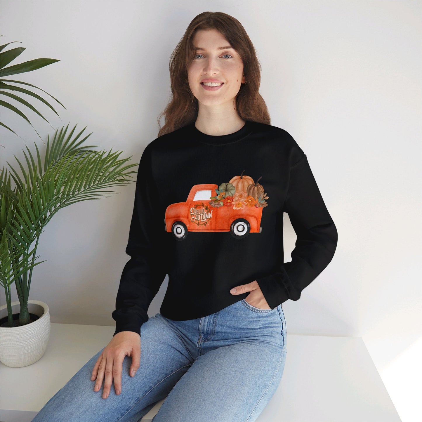 Hello Autumn Vintage Truck Fall Unisex Heavy Blend™ Crewneck Sweatshirt - SmorgeousByGina