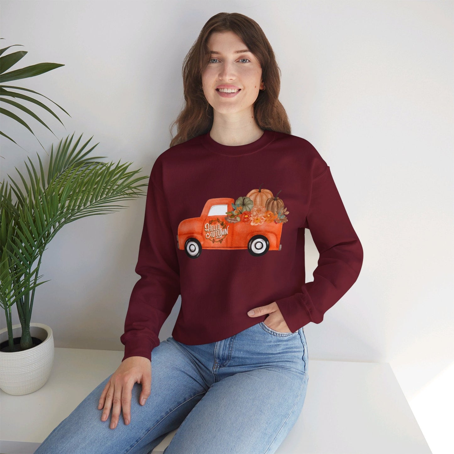Hello Autumn Vintage Truck Fall Unisex Heavy Blend™ Crewneck Sweatshirt - SmorgeousByGina