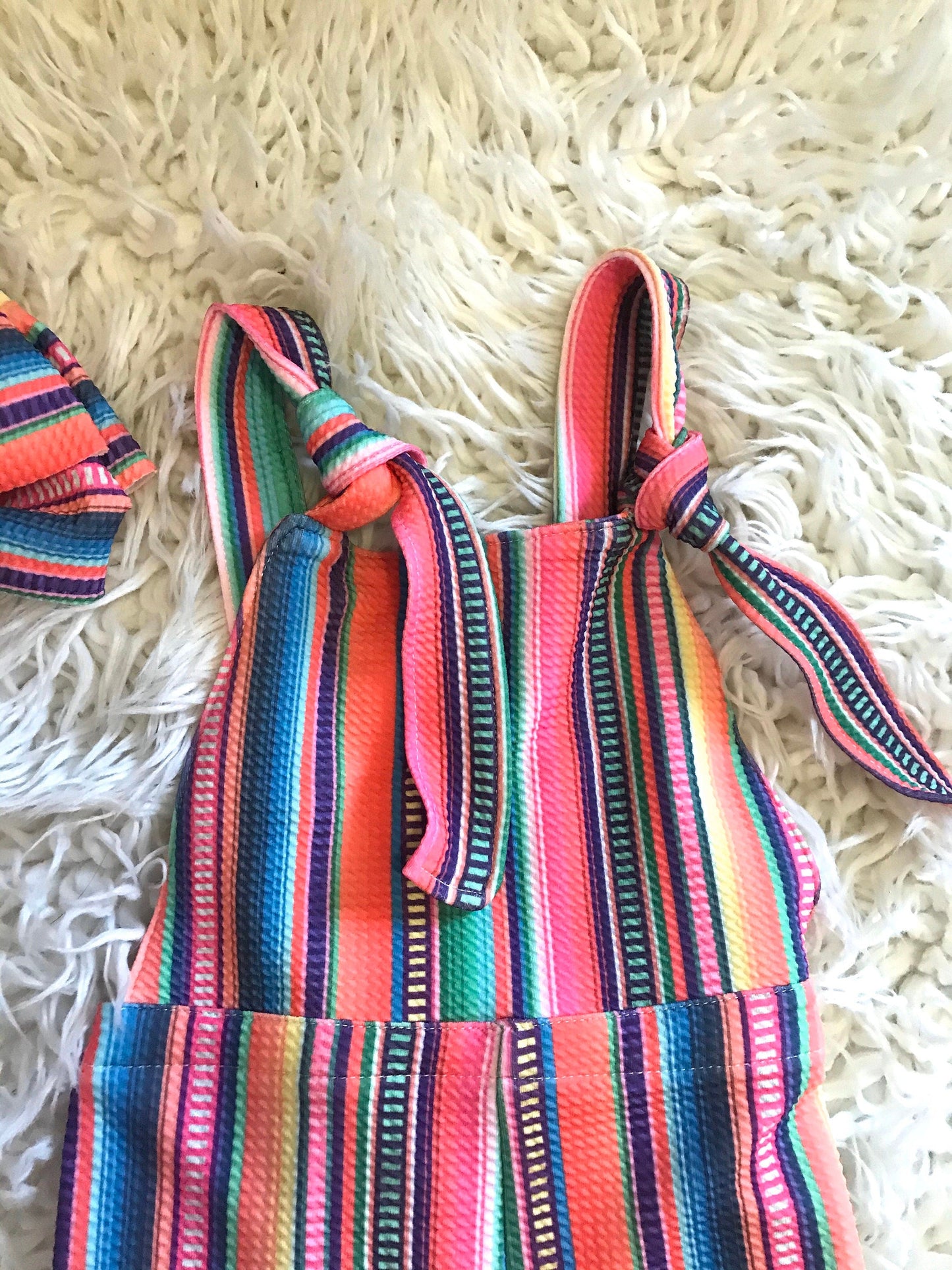 Toddler Girl Blue Jumpsuit: Serape Striped Overalls, Suspender Pants