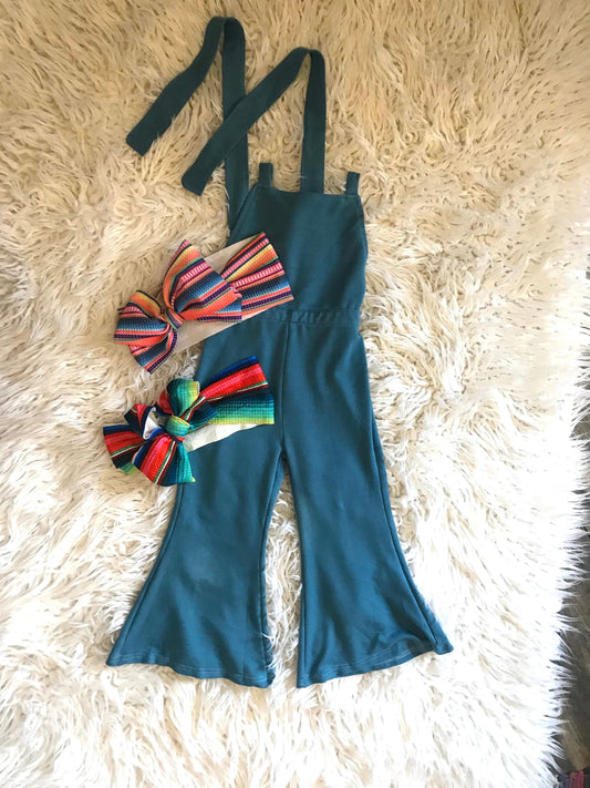 Toddler Girl Blue Jumpsuit: Serape Striped Overalls, Suspender Pants