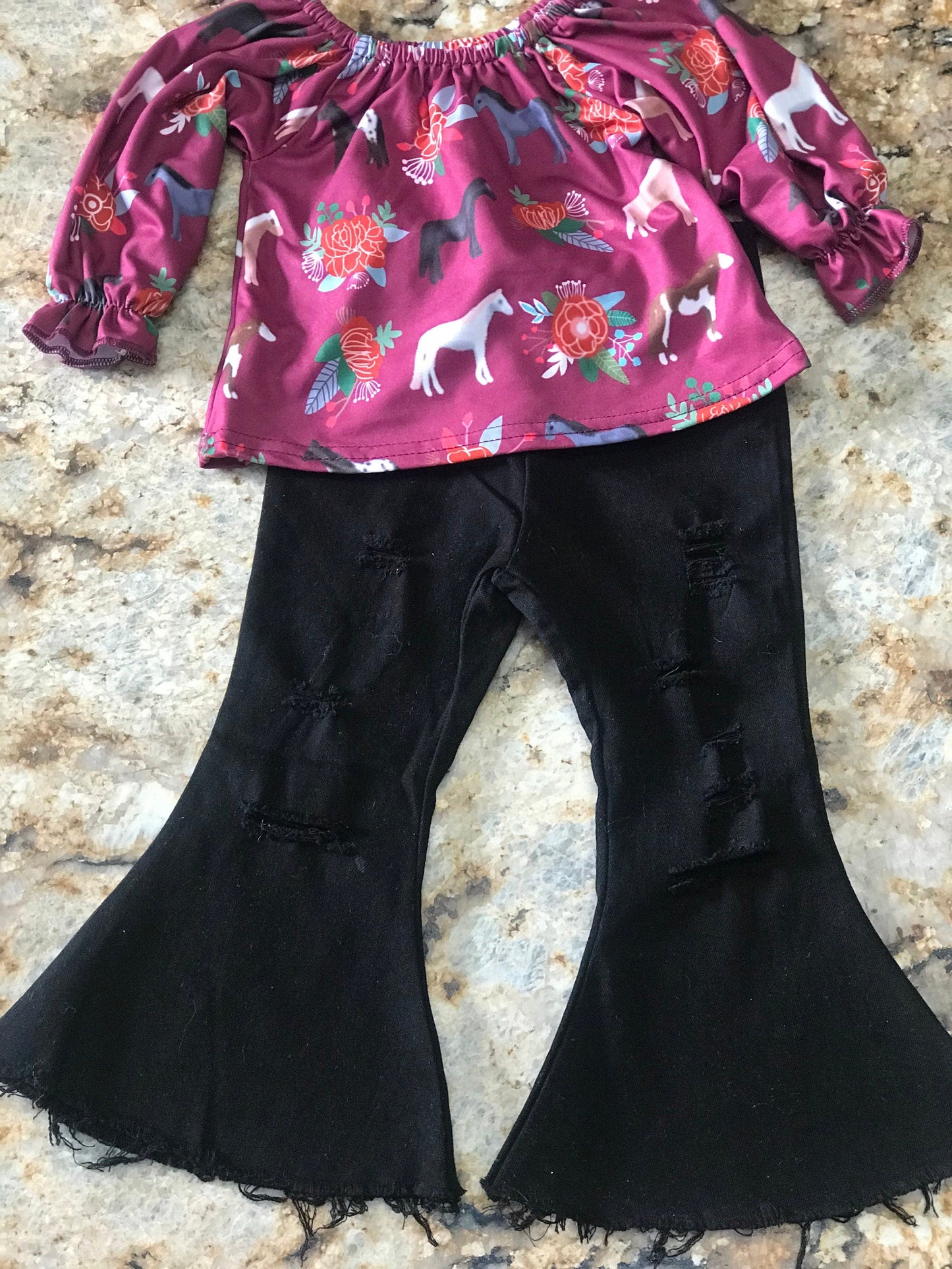 Girls Horse Outfit: Ruffled Blouse & Distressed Black Bell Bottom Jeans