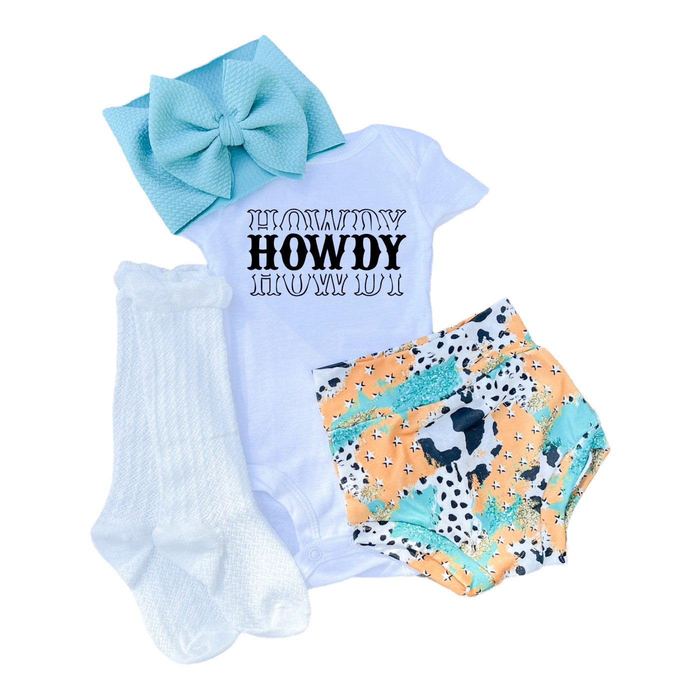 Howdy Western Cow Print Brushstroke Baby Bummies Set