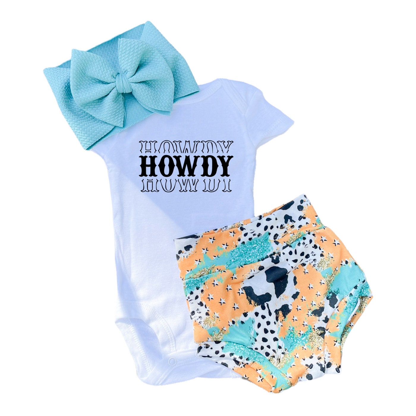 Howdy Western Cow Print Brushstroke Baby Bummies Set