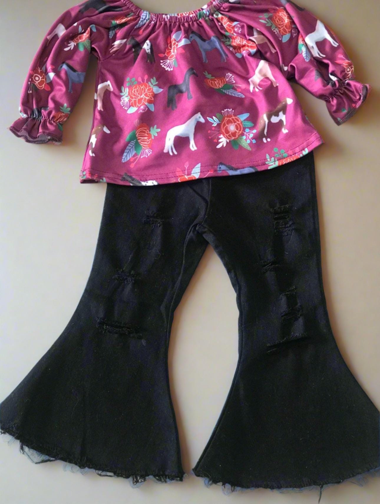 Girls Horse Outfit: Ruffled Blouse & Distressed Black Bell Bottom Jeans
