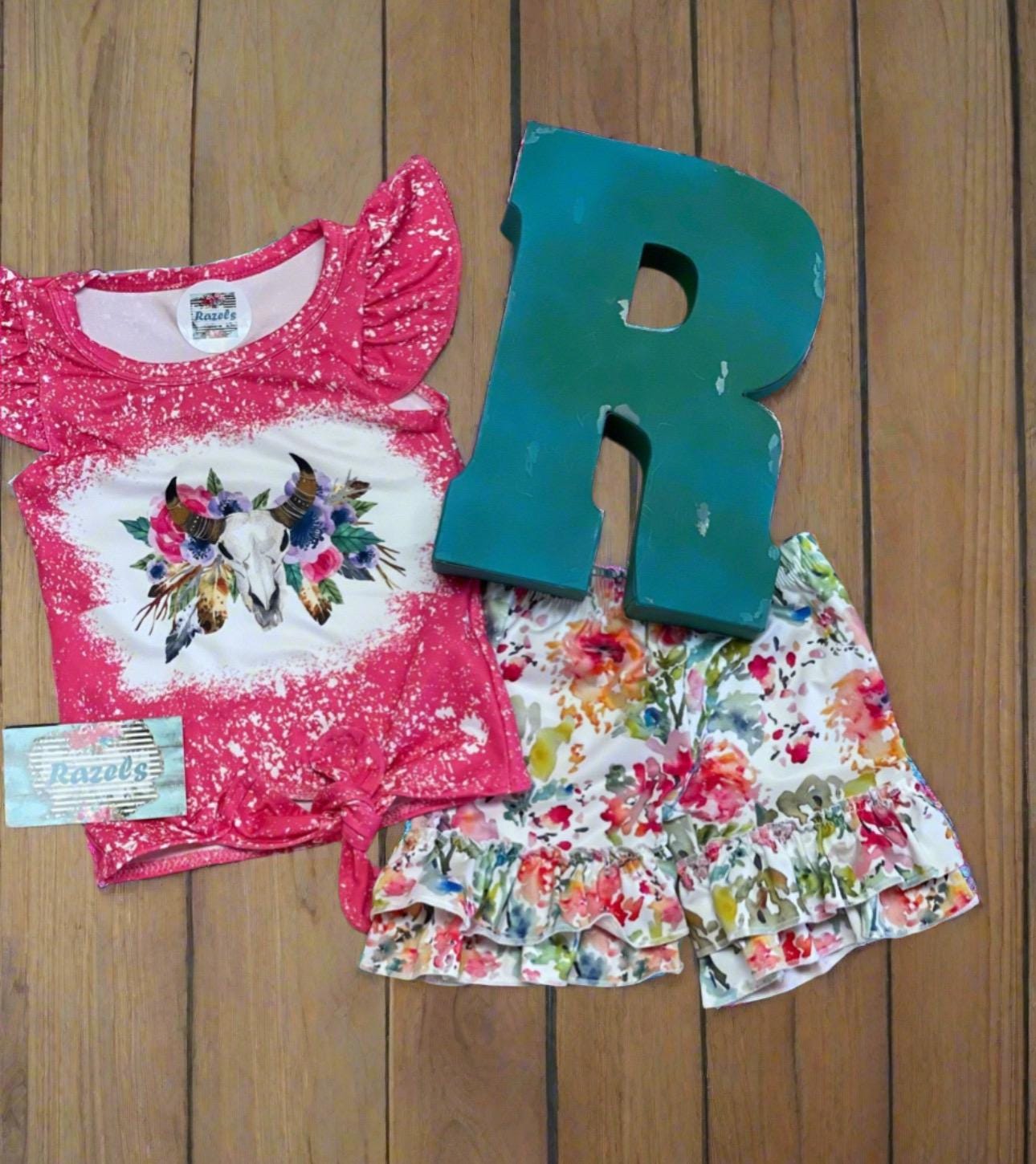Cowgirl Boho Short Set: Floral Ruffle Shorts & Cow Skull Tee