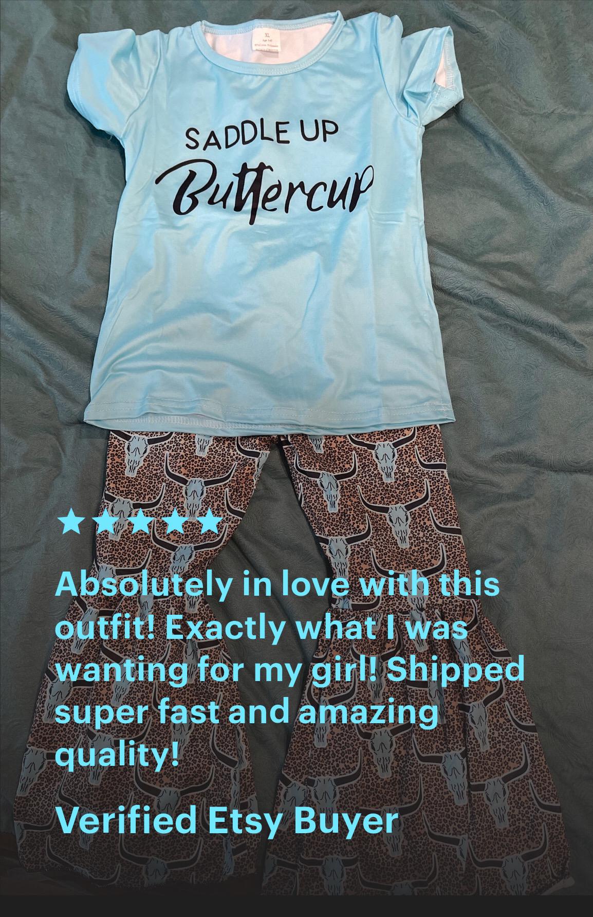 Girls' Western Outfit: Cow Skull Cheetah Bell Bottoms & Turquoise Tee