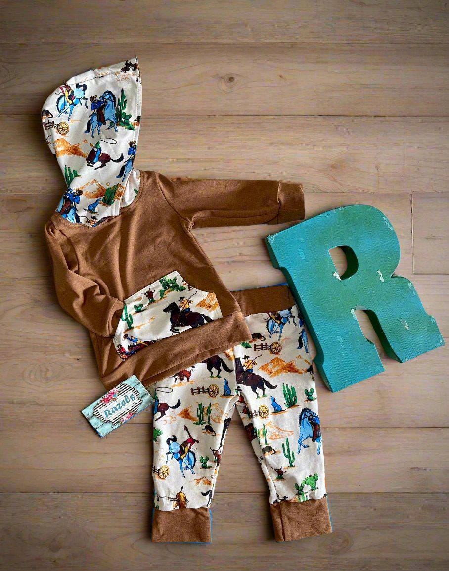 Boys Western Outfit: Cowboy Hoodie & Jogger Set - Cotton Blend