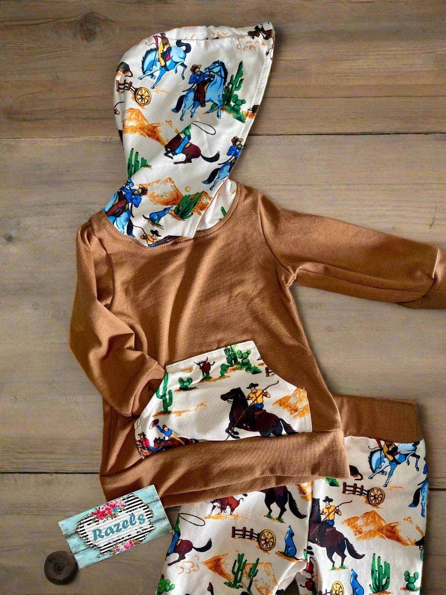 Boys Western Outfit: Cowboy Hoodie & Jogger Set - Cotton Blend