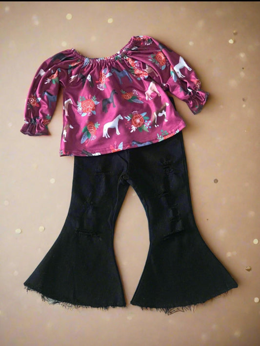 Girls Horse Outfit: Ruffled Blouse & Distressed Black Bell Bottom Jeans