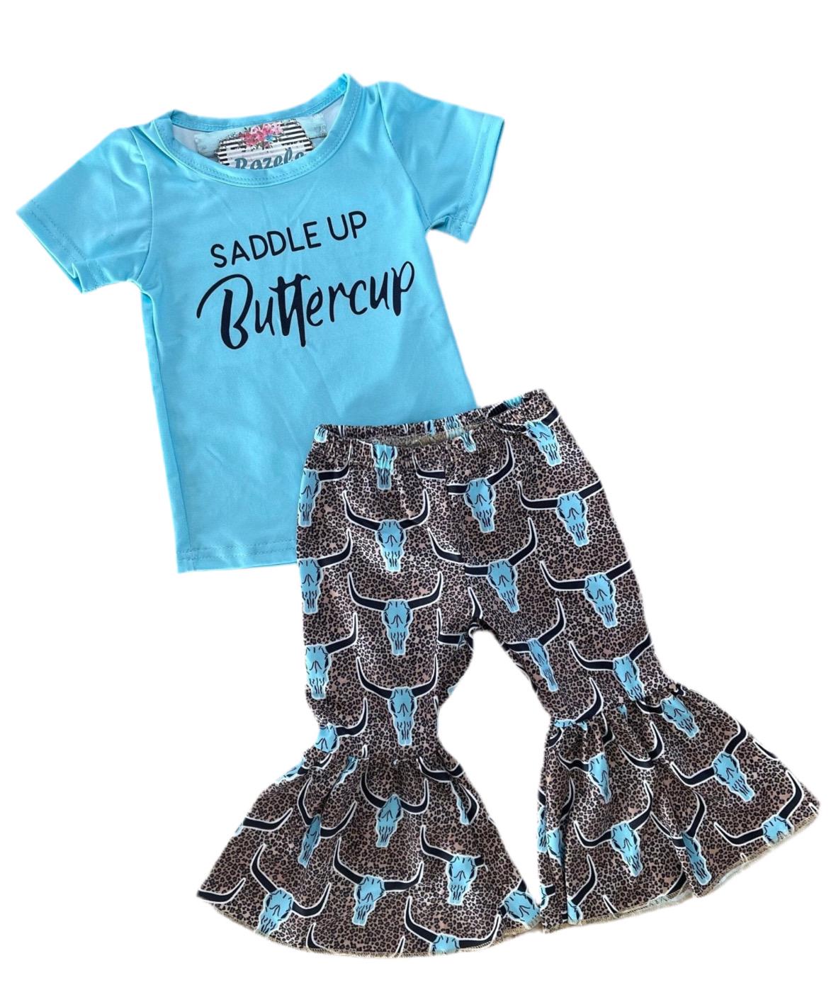 Girls' Western Outfit: Cow Skull Cheetah Bell Bottoms & Turquoise Tee