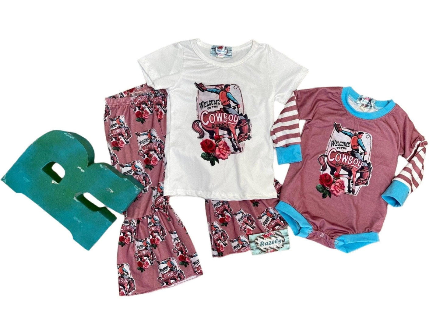 Cowboy Ranch Cowgirl Matching Sister Outfits - Western Bell Bottoms & Onsie