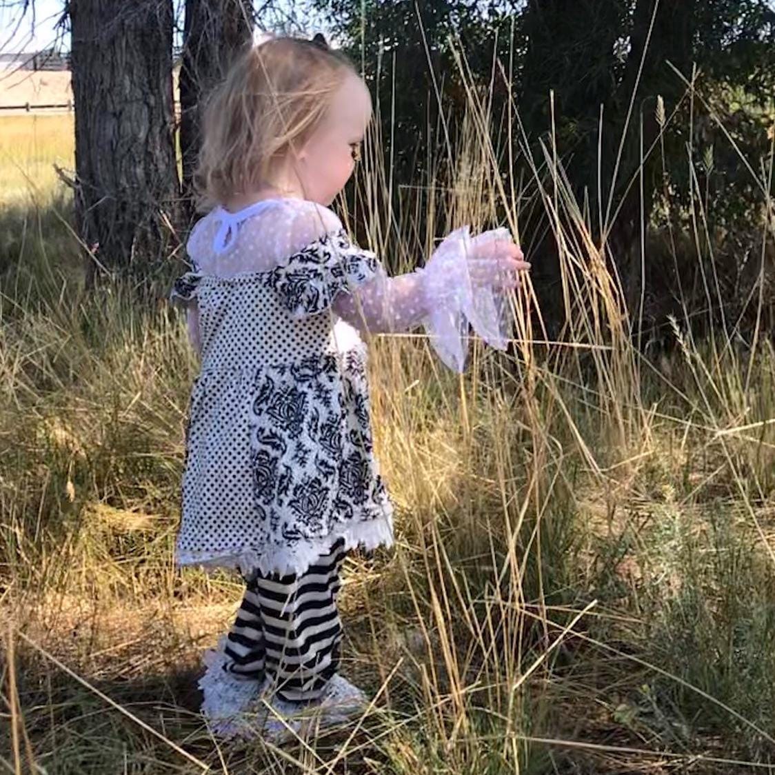 Girls Black and White Lace Outfit: Ruffle Top, Tunic & Striped Pants