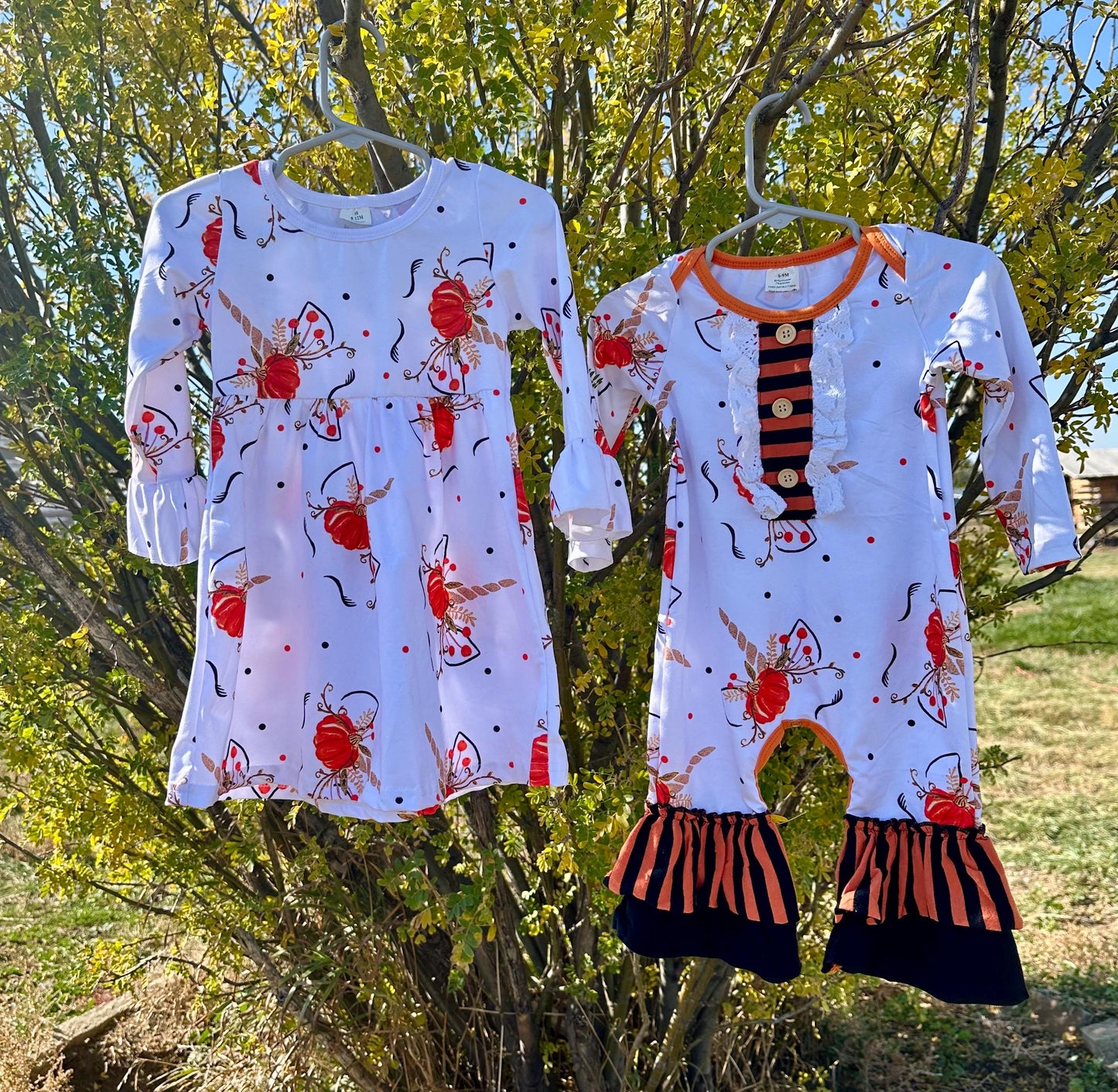 Unicorn Pumpkin Fall Outfit for Girls | Matching Sister Set | Dress or Romper | Toddler Thanksgiving Halloween Outfit