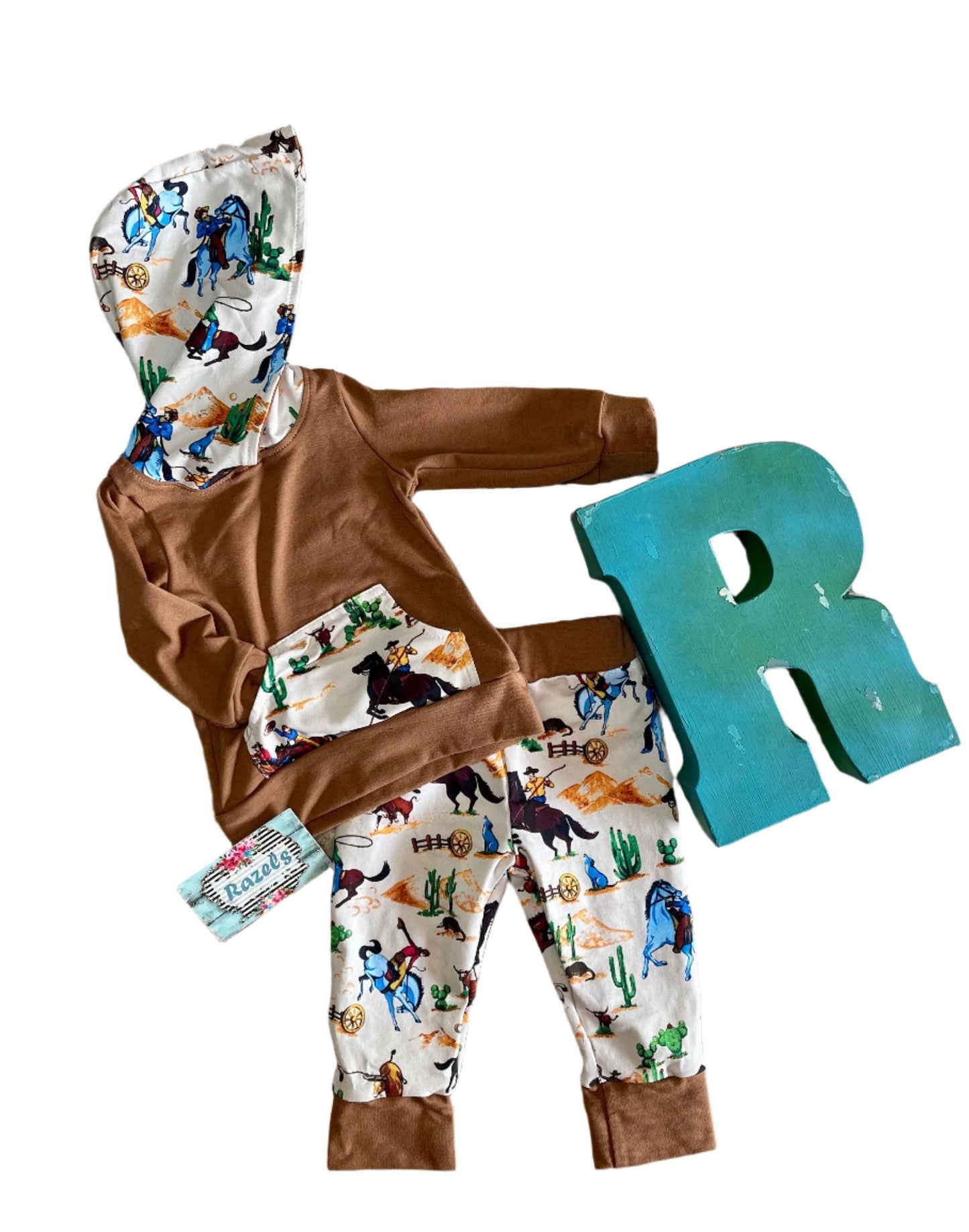 Boys Western Outfit: Cowboy Hoodie & Jogger Set - Cotton Blend